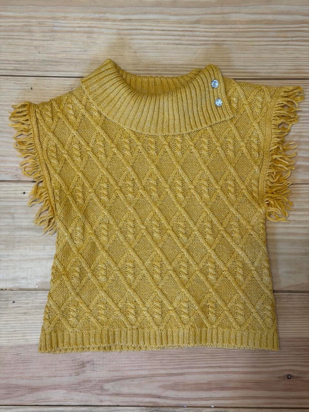 Girl’s Mustard Cable Knit Fringe Sweater Top with Mock Neck